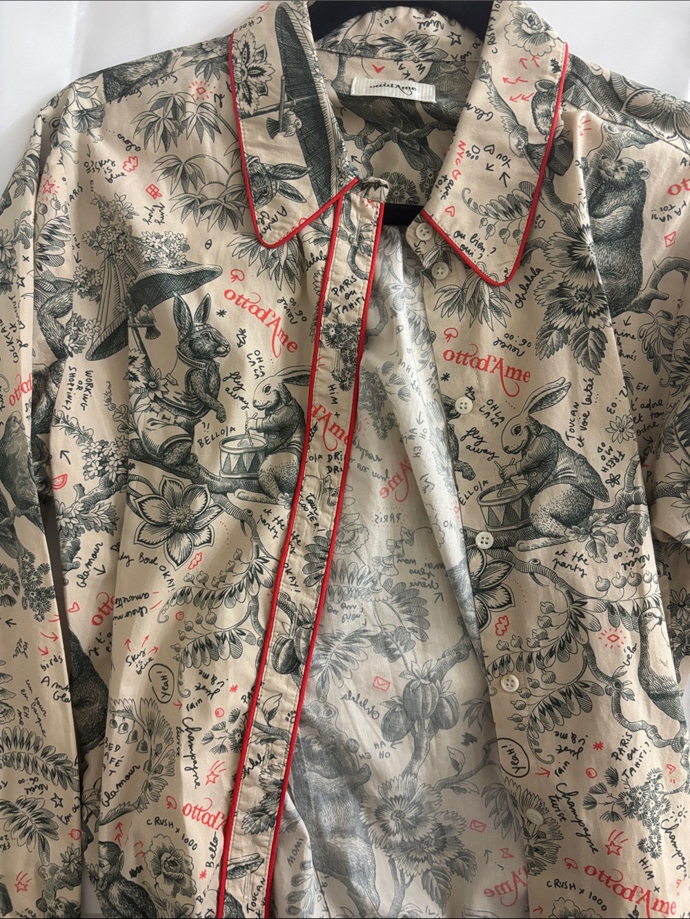 Silk-Blend Printed Button-Down Shirt with Red Piping